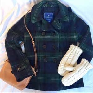 American Eagle Green And Blue Wool Plaid Peacoat
